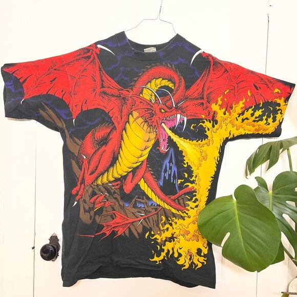 Vintage Liquid Blue Dragon Knight T-Shirt Single Stitch AllOver Print Fantasy XL